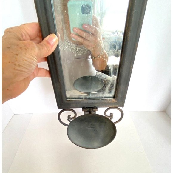 Distressed Metal Mirrored Pillar Candle Pair of 2 Bronze Toned Wall Sconces - Picture 2 of 9